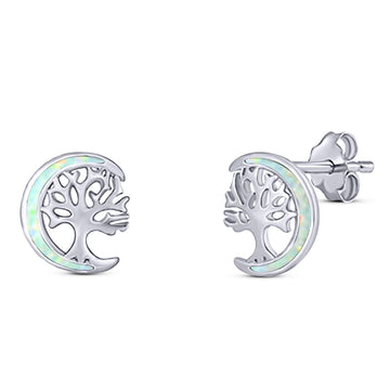 Moon & Tree Stud Earring Created White Opal Solid 925 Sterling Silver (10mm)